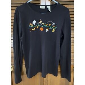 Vintage Classic Elements Halloween Shirt Womens M Black Embroidered Witch Ghost